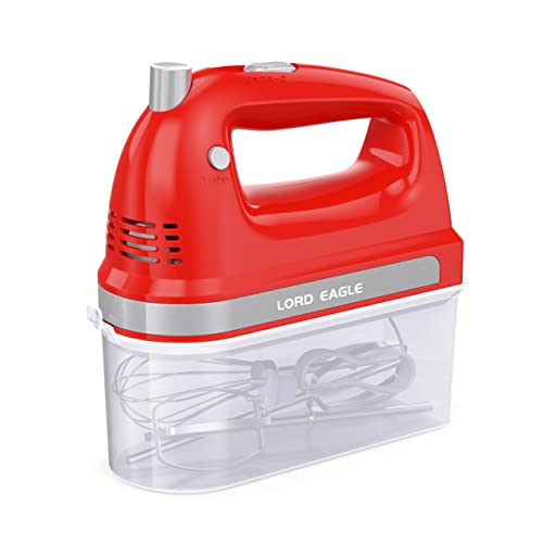 Lord Eagle Electric Hand Mixer Mini, 300W Power Handheld Mixer Kitchen for 5-Speed Baking Cake Egg Cream Food Beaters Whisk, with Snap-On Storage Case, Red