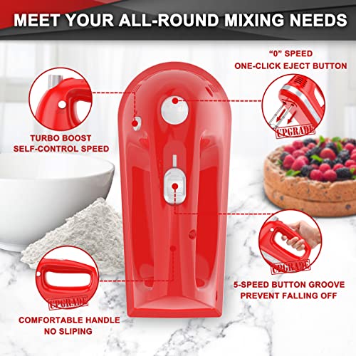 Lord Eagle Electric Hand Mixer Mini, 300W Power Handheld Mixer Kitchen for 5-Speed Baking Cake Egg Cream Food Beaters Whisk, with Snap-On Storage Case, Red