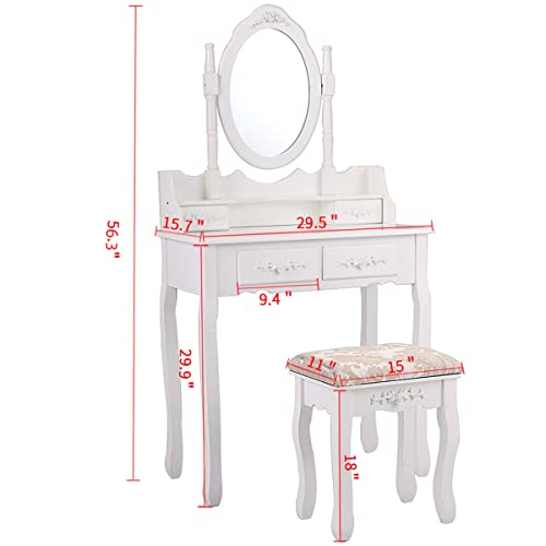 Vanity Table and Chair Set, Makeup Dressing Table with 360-degree-rotating Mirror and 4 Drawers, Thick Padded Stool, Vanity Table and Chair Set with Mirror and 4 Drawers for Girls Women Gift, White