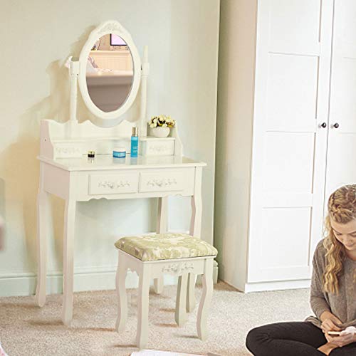 Vanity Table and Chair Set, Makeup Dressing Table with 360-degree-rotating Mirror and 4 Drawers, Thick Padded Stool, Vanity Table and Chair Set with Mirror and 4 Drawers for Girls Women Gift, White
