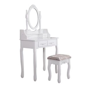 Vanity Table and Chair Set, Makeup Dressing Table with 360-degree-rotating Mirror and 4 Drawers, Thick Padded Stool, Vanity Table and Chair Set with Mirror and 4 Drawers for Girls Women Gift, White