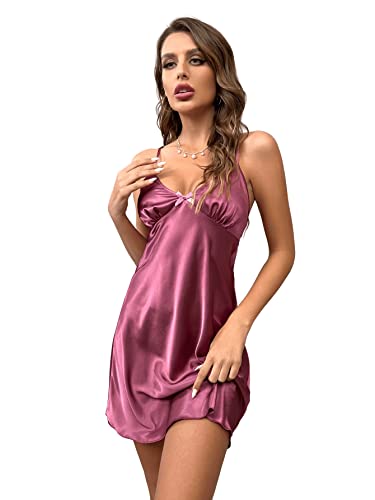 SweatyRocks Women's Satin Mini Slip Chemise Lingerie Nightwear Sleepwear V Neck Backless Nightgown Nightdress Purple L