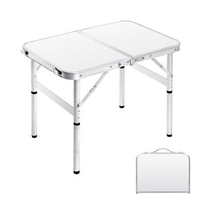 moosinily 2 feet outdoor folding table aluminum lightweight small picnic table ajustable height portable table with carry handle for beach, picnic, indoor, white