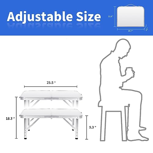Moosinily 2 Feet Outdoor Folding Table Aluminum Lightweight Small Picnic Table Ajustable Height Portable Table with Carry Handle for Beach, Picnic, Indoor, White