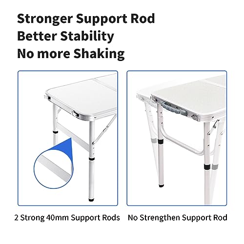 Moosinily 2 Feet Outdoor Folding Table Aluminum Lightweight Small Picnic Table Ajustable Height Portable Table with Carry Handle for Beach, Picnic, Indoor, White