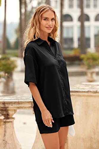 PRETTYGARDEN Women's 2 Piece Satin Pajama Sets Short Sleeve Button Down Tops And Shorts Set 2023 Summer Pjs Silk Sleepwear (Black,Medium)