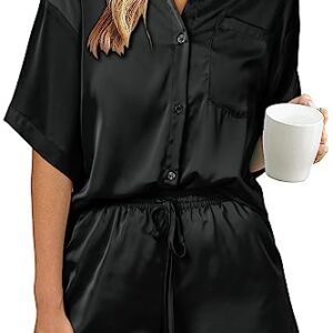 PRETTYGARDEN Women's 2 Piece Satin Pajama Sets Short Sleeve Button Down Tops And Shorts Set 2023 Summer Pjs Silk Sleepwear (Black,Medium)