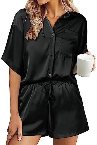 PRETTYGARDEN Women's 2 Piece Satin Pajama Sets Short Sleeve Button Down Tops And Shorts Set 2023 Summer Pjs Silk Sleepwear (Black,Medium)