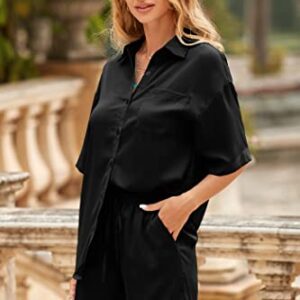 PRETTYGARDEN Women's 2 Piece Satin Pajama Sets Short Sleeve Button Down Tops And Shorts Set 2023 Summer Pjs Silk Sleepwear (Black,Medium)