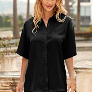 PRETTYGARDEN Women's 2 Piece Satin Pajama Sets Short Sleeve Button Down Tops And Shorts Set 2023 Summer Pjs Silk Sleepwear (Black,Medium)