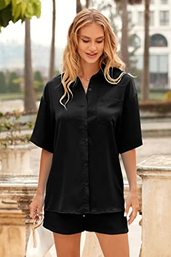 PRETTYGARDEN Women's 2 Piece Satin Pajama Sets Short Sleeve Button Down Tops And Shorts Set 2023 Summer Pjs Silk Sleepwear (Black,Medium)