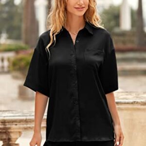 PRETTYGARDEN Women's 2 Piece Satin Pajama Sets Short Sleeve Button Down Tops And Shorts Set 2023 Summer Pjs Silk Sleepwear (Black,Medium)