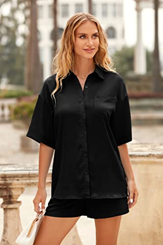 PRETTYGARDEN Women's 2 Piece Satin Pajama Sets Short Sleeve Button Down Tops And Shorts Set 2023 Summer Pjs Silk Sleepwear (Black,Medium)