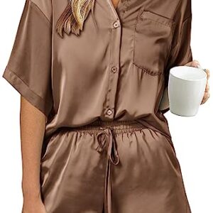 PRETTYGARDEN Women's 2 Piece Satin Pajama Sets Short Sleeve Button Down Tops And Shorts Set 2023 Summer Pjs Silk Sleepwear (Brown,Small)