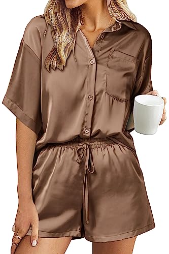 PRETTYGARDEN Women's 2 Piece Satin Pajama Sets Short Sleeve Button Down Tops And Shorts Set 2023 Summer Pjs Silk Sleepwear (Brown,Small)