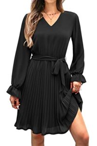 prettygarden women's casual fall dresses long puff sleeve v neck pleated ruffle flowy belted dress (black,x-large)