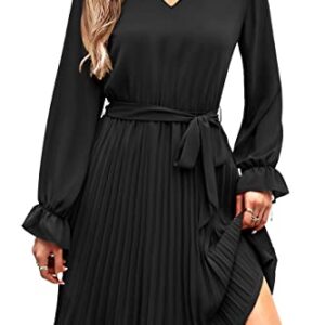 PRETTYGARDEN Women's Casual Fall Dresses Long Puff Sleeve V Neck Pleated Ruffle Flowy Belted Dress (Black,X-Large)