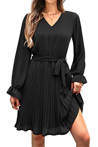 PRETTYGARDEN Women's Casual Fall Dresses Long Puff Sleeve V Neck Pleated Ruffle Flowy Belted Dress (Black,X-Large)