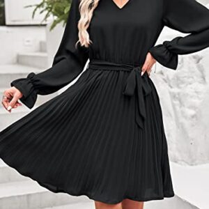 PRETTYGARDEN Women's Casual Fall Dresses Long Puff Sleeve V Neck Pleated Ruffle Flowy Belted Dress (Black,X-Large)