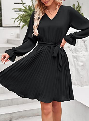 PRETTYGARDEN Women's Casual Fall Dresses Long Puff Sleeve V Neck Pleated Ruffle Flowy Belted Dress (Black,X-Large)