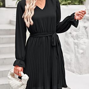 PRETTYGARDEN Women's Casual Fall Dresses Long Puff Sleeve V Neck Pleated Ruffle Flowy Belted Dress (Black,X-Large)