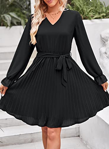 PRETTYGARDEN Women's Casual Fall Dresses Long Puff Sleeve V Neck Pleated Ruffle Flowy Belted Dress (Black,X-Large)