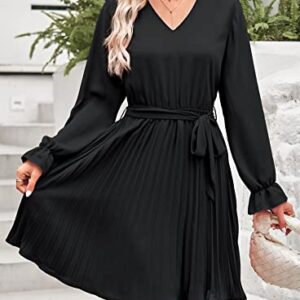 PRETTYGARDEN Women's Casual Fall Dresses Long Puff Sleeve V Neck Pleated Ruffle Flowy Belted Dress (Black,X-Large)