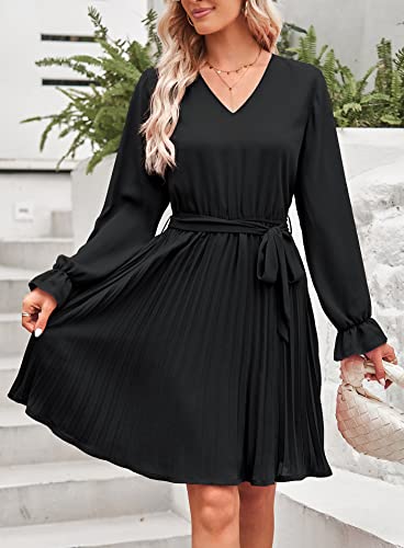 PRETTYGARDEN Women's Casual Fall Dresses Long Puff Sleeve V Neck Pleated Ruffle Flowy Belted Dress (Black,X-Large)