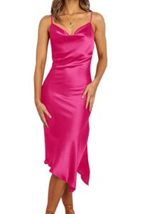 prettygarden women's satin dress sleeveless spaghetti strap side slit cowl neck midi bodycon dresses (rose red,small)