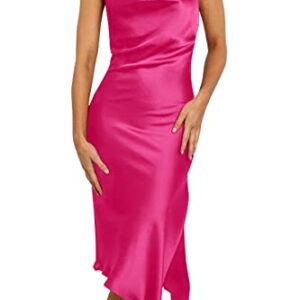 PRETTYGARDEN Women's Satin Dress Sleeveless Spaghetti Strap Side Slit Cowl Neck Midi Bodycon Dresses (Rose Red,Small)