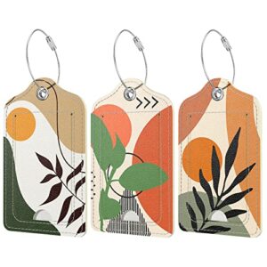 rimilak 3 pcs pu leather luggage tags for suitcase, travel cruise luggage tag with privacy flap, name id label and metal loop for women men baggage handbag school bag backpack, tropical plant