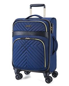 light flight carry on luggage airline approved, softside suitcase with spinner wheels 20 inch small lightweight carry-on luggage with front pockets, women men business travel blue