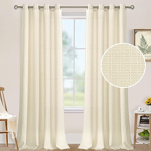 LAMIT Linen Curtains 84 Inches Long for Bedroom, Grommet Top Thick Light Filtering Drapes Privacy Semi Sheer Panels for Farmhouse/Living Room, 2 Panels Set, 52 x 84 Inch, Cream Beige