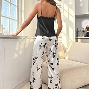 GORGLITTER Women's Silk Satin Pajamas Loungewear Two-Piece Sleepwear Lace Floral Pj Set Black and White Medium