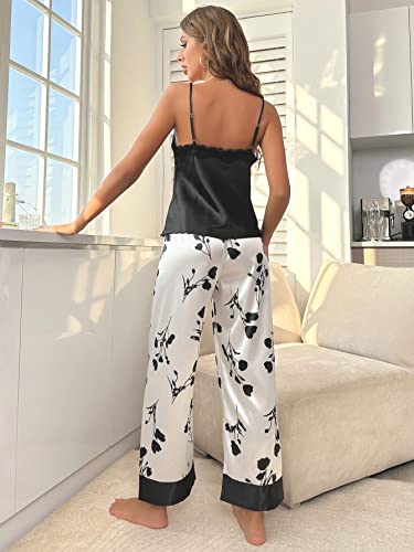 GORGLITTER Women's Silk Satin Pajamas Loungewear Two-Piece Sleepwear Lace Floral Pj Set Black and White Medium