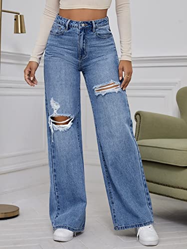 WDIRARA Women's High Waist Ripped Wide Leg Baggy Jeans Distressed Denim Pants Medium Wash S