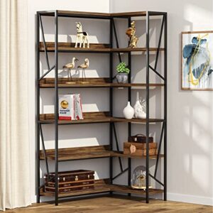 sengroce 76.8" corner bookshelf, 6 tier industrial bookcase with protective panel etagere book shelves storage rack with metal frame for living room home office