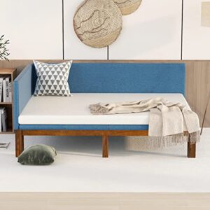 modern linen upholstered daybed sofa bed w/wooden frame&single side armrest for living room bedroom,mid-century captain bed platform bed frame w/tufted backrest & under-bed storage space (blue,full)