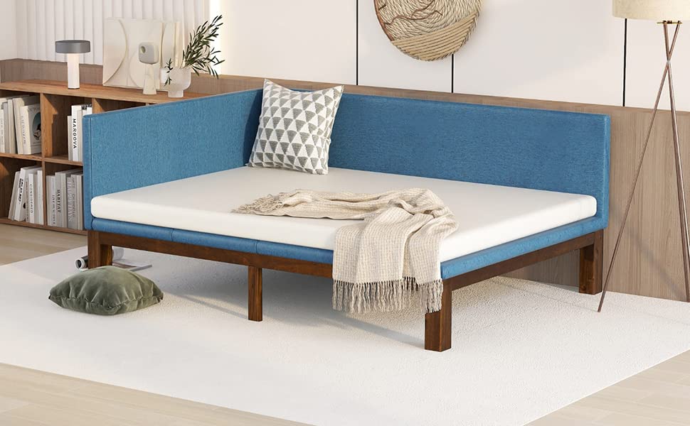 Modern Linen Upholstered Daybed Sofa Bed w/Wooden Frame&Single Side Armrest for Living Room Bedroom,Mid-century Captain Bed Platform Bed Frame w/Tufted Backrest & Under-bed Storage Space (Blue,Full)