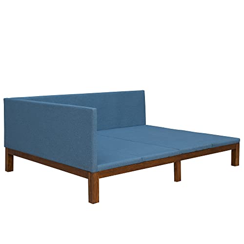 Modern Linen Upholstered Daybed Sofa Bed w/Wooden Frame&Single Side Armrest for Living Room Bedroom,Mid-century Captain Bed Platform Bed Frame w/Tufted Backrest & Under-bed Storage Space (Blue,Full)