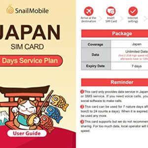 SnailMobile Japan Travel SIM Card,7 Days Unlimited Data 3-in-1 Prepaid International SIM Card for Business Travel with Unlocked Phone