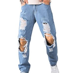 WDIRARA Men's Cut Out Ripped Frayed Zipper Fly Long Straight Leg Denim Jeans Light Wash M