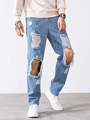 WDIRARA Men's Cut Out Ripped Frayed Zipper Fly Long Straight Leg Denim Jeans Light Wash M