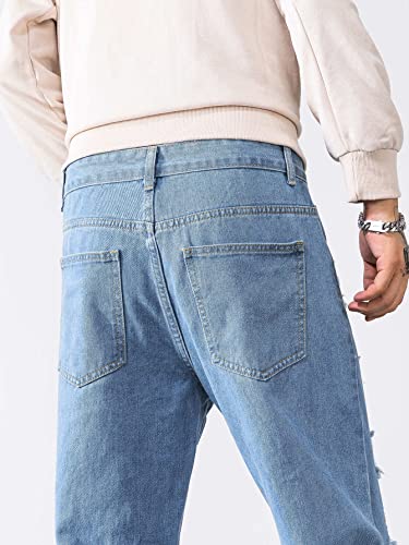 WDIRARA Men's Cut Out Ripped Frayed Zipper Fly Long Straight Leg Denim Jeans Light Wash M