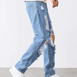 WDIRARA Men's Cut Out Ripped Frayed Zipper Fly Long Straight Leg Denim Jeans Light Wash M