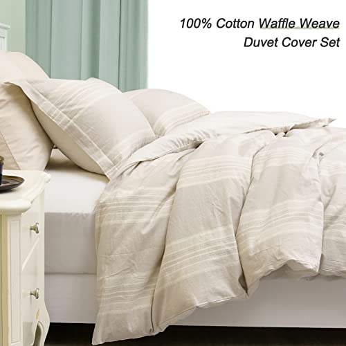 David's Home 100% Washed Cotton Duvet Cover Set Queen Size, Chambray Stripe Duvet Cover with Pillow Shams, 3pcs Ultra Soft and Breathable Comforter Cover Set, 90x 90 Inches, Khaki