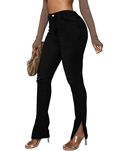 WDIRARA Women's Slit Hem High Waist Button Denim Zipper Fly Ripped Skinny Jeans Black L