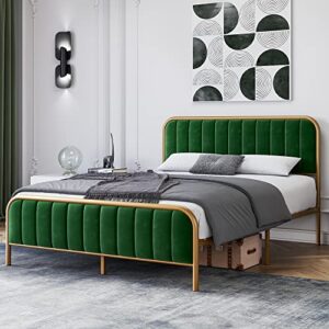 senfot queen bed frame modern upholstered platform with velvet headboard and gold frame, wooden slat support no box spring needed in gold and green