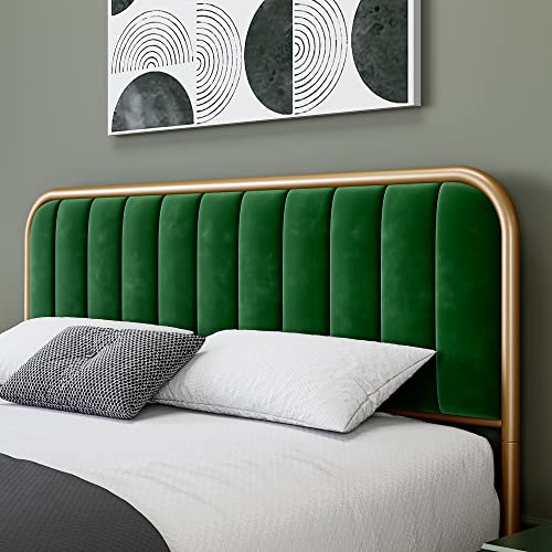 Senfot Queen Bed Frame Modern Upholstered Platform with Velvet Headboard and Gold Frame, Wooden Slat Support No Box Spring Needed in Gold and Green