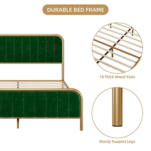 Senfot Queen Bed Frame Modern Upholstered Platform with Velvet Headboard and Gold Frame, Wooden Slat Support No Box Spring Needed in Gold and Green